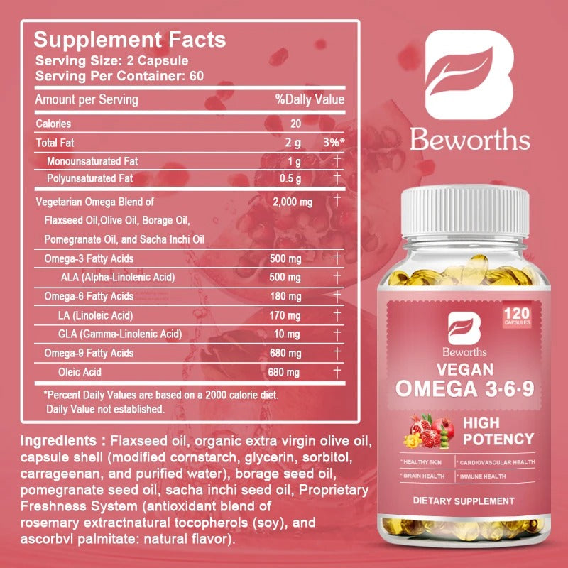 BEWORTHS Omega 3-6-9 Capsules – 120 Softgels | Essential Fatty Acids for Heart, Brain, Skin & Immune Support