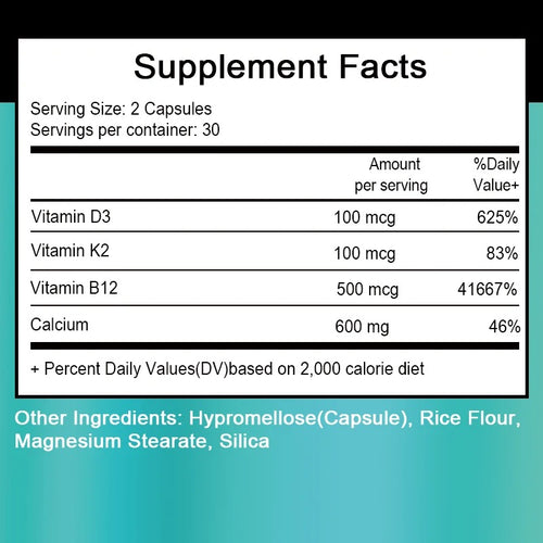 Premium Calcium 600mg + Vitamin D3 5000IU, K2 & B12 Advanced Bone, Heart & Immune Support – 60 Capsules