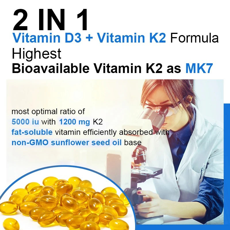 High Strength Vitamin D3 + K2 Supplement – Bone, Immune & Heart Health Support – Promotes Calcium Absorption – 120 Capsules