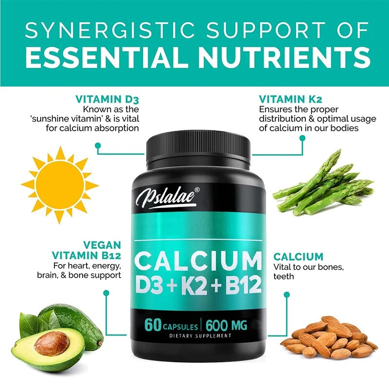 Premium Calcium 600mg + Vitamin D3 5000IU, K2 & B12 Advanced Bone, Heart & Immune Support – 60 Capsules