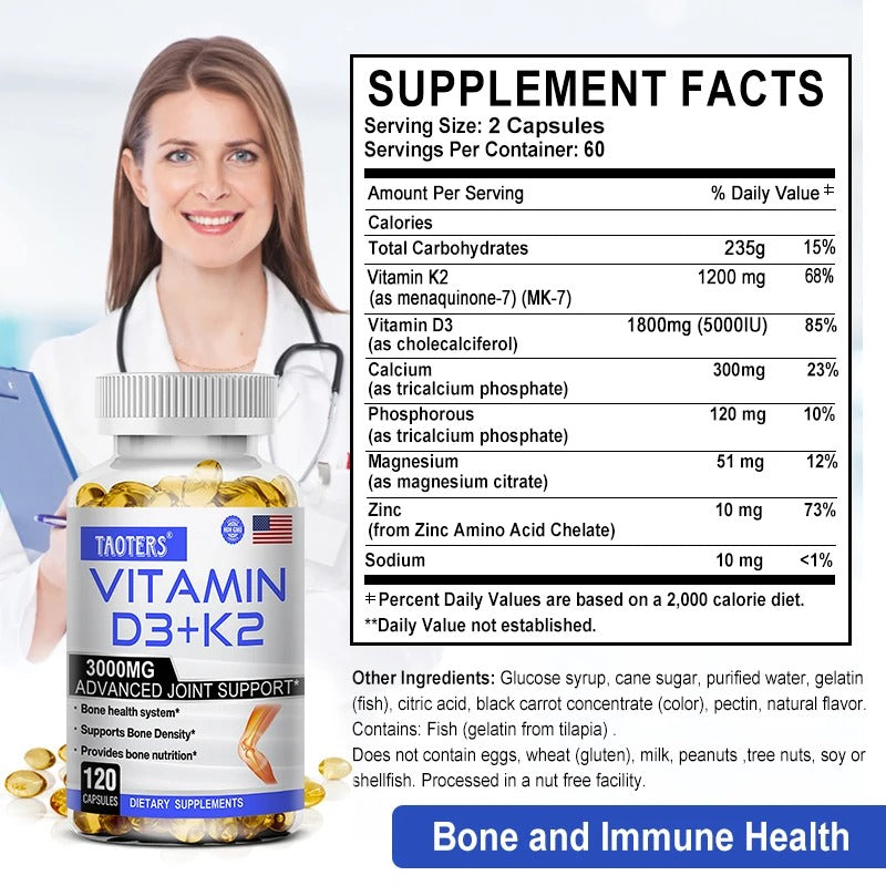 High Strength Vitamin D3 + K2 Supplement – Bone, Immune & Heart Health Support – Promotes Calcium Absorption – 120 Capsules